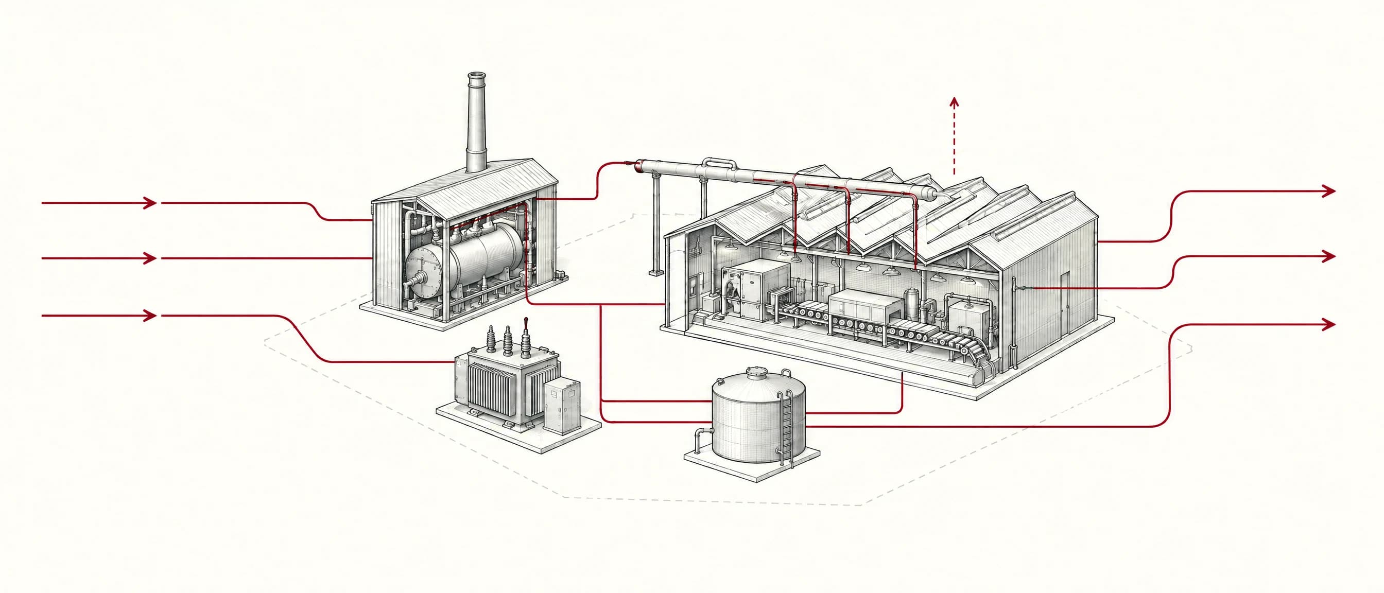 Kazan, üretim binası, elektrik bağlantısı ve tank arasında enerji akışlarını gösteren temsili tesis çizimi.